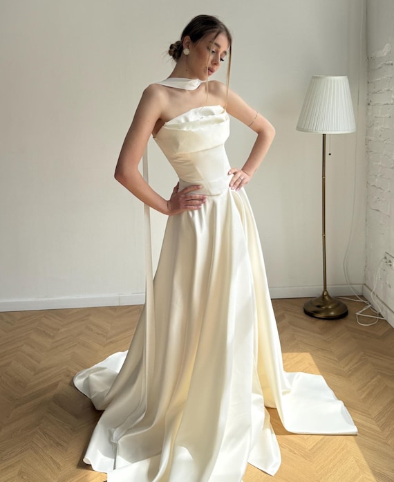 ivory dress with neck scarf Satin Silk Bridal Scarf, Custom Length Wedding Scarf, Bridal Accessory sale-collection