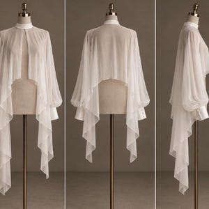 Bridal Chiffon Cape with High Neck & Draped Sleeves image 2