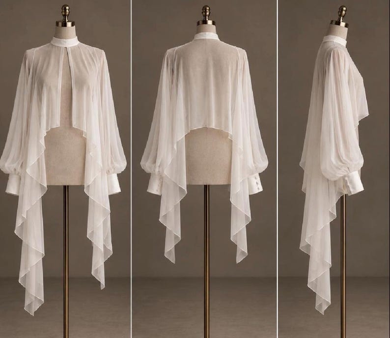 Bridal Chiffon Cape with High Neck & Draped Sleeves image 2