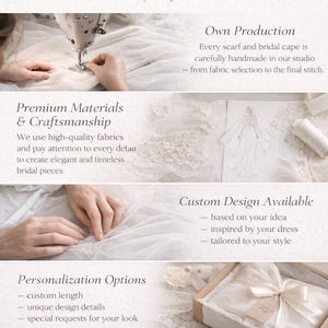 The image is a collage of three photographs showcasing handmade wedding accessories, including a hand sewing machine, a custom design, and a handcrafted box.