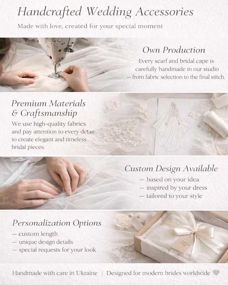 The image is a collage of three photographs showcasing handmade wedding accessories, including a hand sewing machine, a custom design, and a handcrafted box.