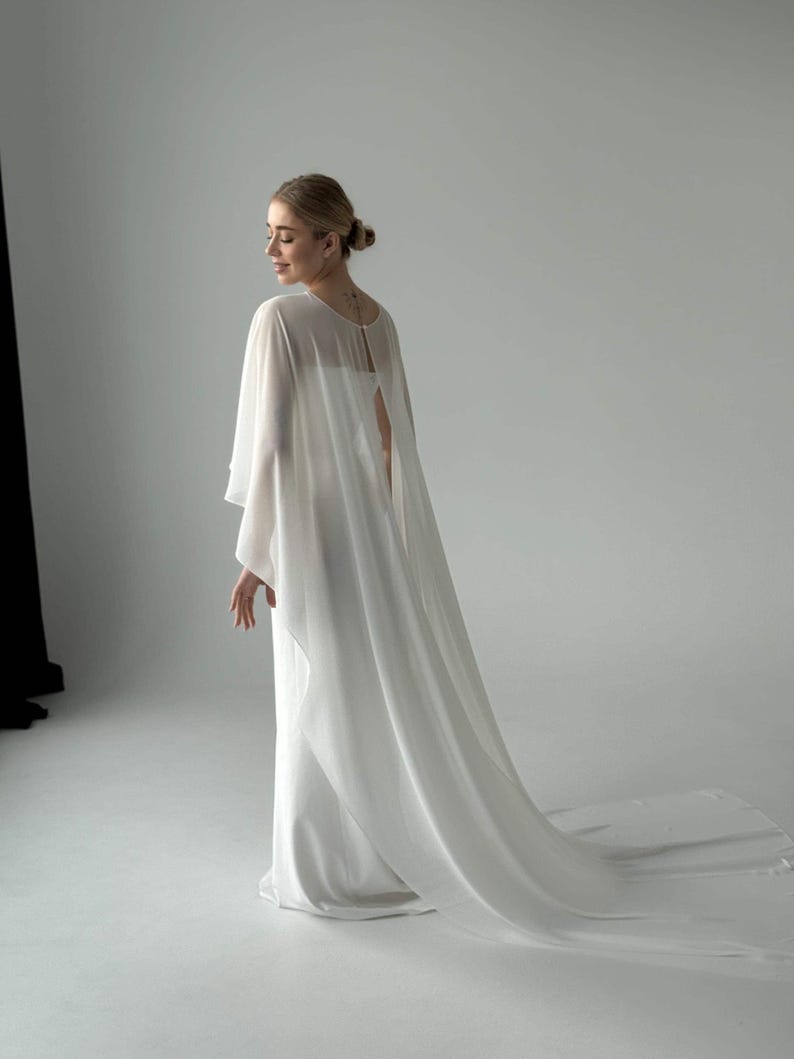 White wedding cape, White shawl, Chiffon Bridal Cape,Off-white Bridal Cape,Long Cape Train, image 18