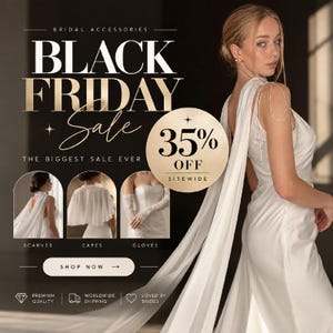 The image is an advertisement for a bridal accessories sale, featuring a woman in a white dress posing in front of a black background.