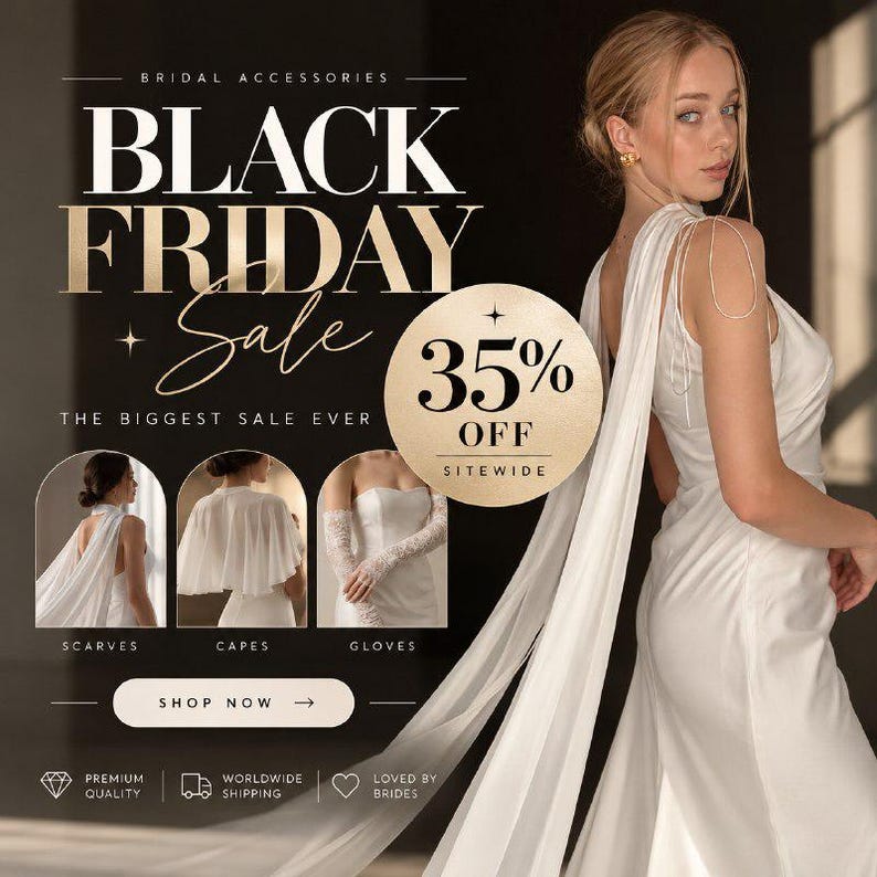 The image is an advertisement for a bridal accessories sale, featuring a woman in a white dress posing in front of a black background.