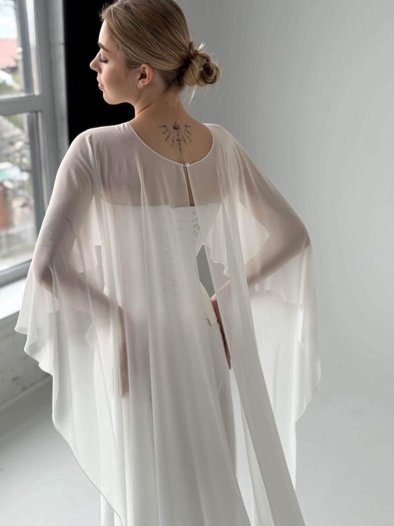White wedding cape, White shawl, Chiffon Bridal Cape,Off-white Bridal Cape,Long Cape Train, image 7