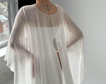 White wedding cape, Bridal Ivory shawl, Chiffon Bridal Cape, Long Cape Train, Wedding sheer capelet