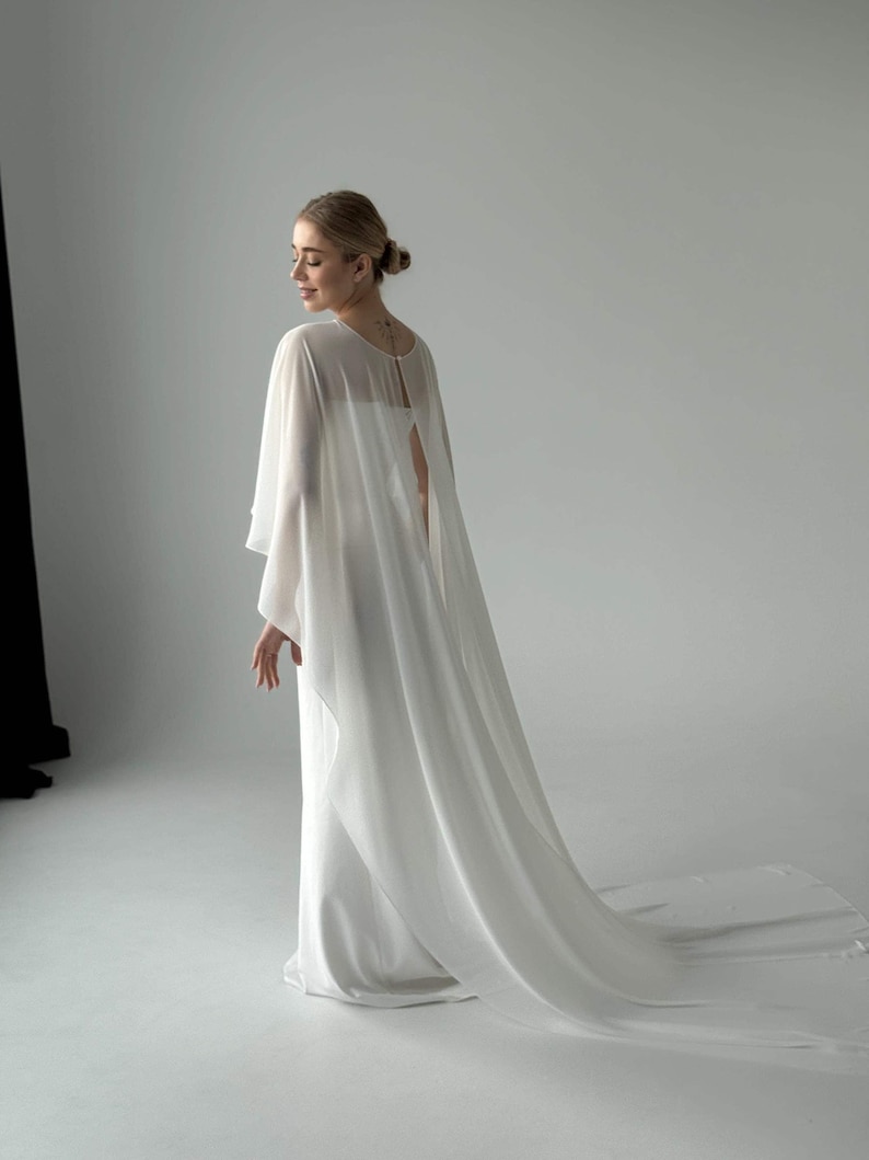 White wedding cape, White shawl, Chiffon Bridal Cape,Off-white Bridal Cape,Long Cape Train, image 17