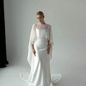 White wedding cape, White shawl, Chiffon Bridal Cape,Off-white Bridal Cape,Long Cape Train, image 5