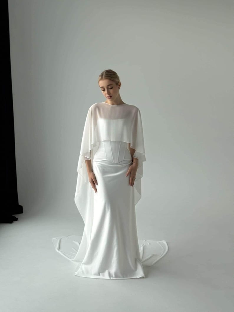 White wedding cape, White shawl, Chiffon Bridal Cape,Off-white Bridal Cape,Long Cape Train, image 5