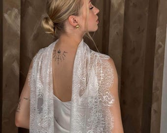 White Lace Wedding Long Scarf, Lightweight Bridal Shawl, Ivory French Lace Bridal Scarf