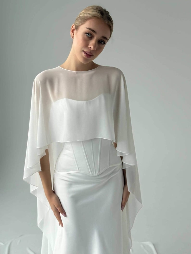 White wedding cape, White shawl, Chiffon Bridal Cape,Off-white Bridal Cape,Long Cape Train, image 1
