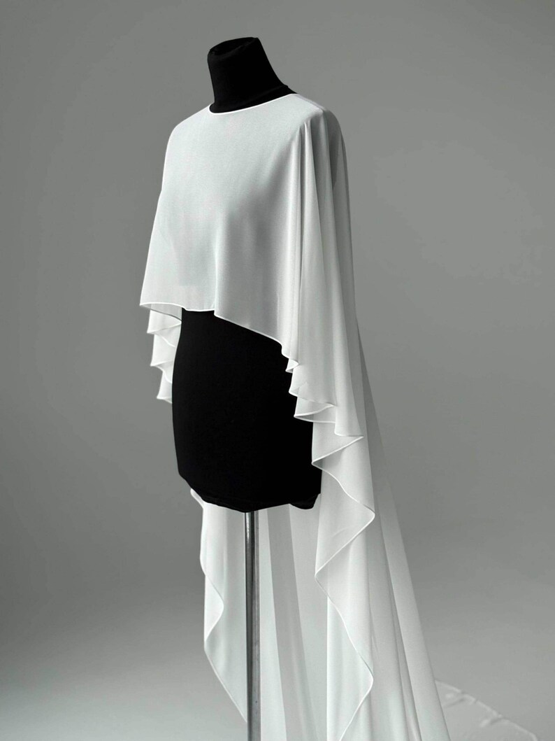 White wedding cape, White shawl, Chiffon Bridal Cape,Off-white Bridal Cape,Long Cape Train, image 15