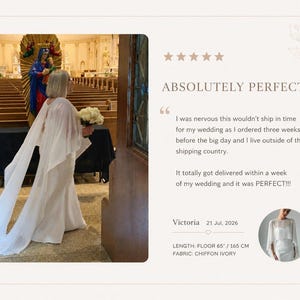 The image is a collage featuring a bride in a white gown standing in a church aisle, holding a bouquet of flowers. The bride is wearing a cape and appears to be in the middle of a wedding ceremony. The image also includes a quote from a customer who is satisfied with the delivery of their wedding dress.