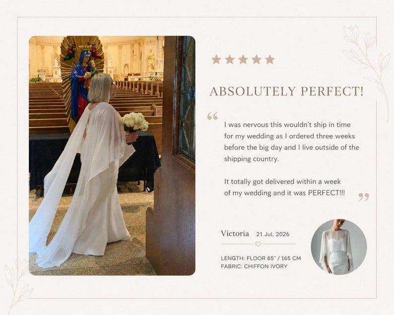 The image is a collage featuring a bride in a white gown standing in a church aisle, holding a bouquet of flowers. The bride is wearing a cape and appears to be in the middle of a wedding ceremony. The image also includes a quote from a customer who is satisfied with the delivery of their wedding dress.