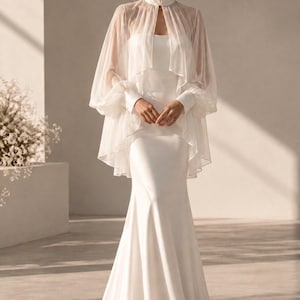 Bridal Chiffon Cape with High Neck & Draped Sleeves image 1