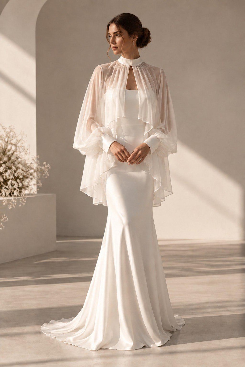 Bridal Chiffon Cape with High Neck & Draped Sleeves image 1