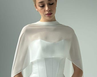 Ivory chiffon wedding shoulder cape, bridal outfit sheer shawl, see through long train wedding dress topper