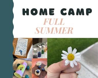 May include: A collage with the text "HOME CAMP FULL SUMMER". The image includes a drawing of rain, coloured water in cups, a daisy, a toy car, and a snack with blueberries and bananas.