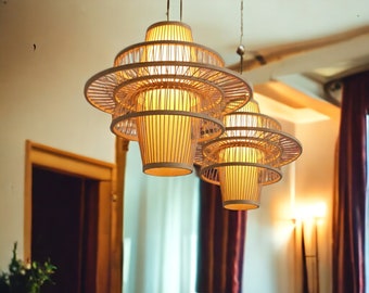 Éclairage de lustre en rotin pour la décoration intérieure | Suspensions rustiques | Lampes suspendues en bambou tressé | Lustre asiatique vintage | Lumières tropicales