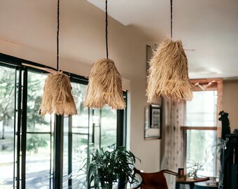 Handgemaakte Palm Hanglamp | Unieke hangende keukenlamp | Zuidoost-Azië woondecoratie | Rotan Palmkroonluchter | Laaghangende lampen |