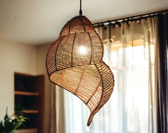 Boho Spiral Bamboo Light Fixture | Snail Shell Lampshade Pendant Light | Rattan Bamboo Hanging Ceiling Light | Rustic Light | Kitchen Decor