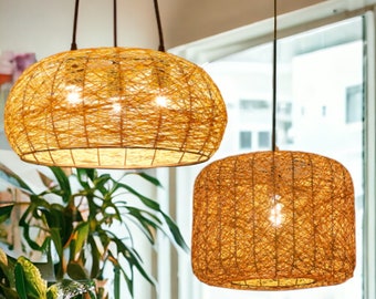 Woven Rattan Pendant Light | Asian Decor Woven String Overhead Light | Rattan Basket Chandelier | Modern Pendant Light