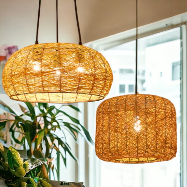 Woven Rattan Pendant Light | Asian Decor Woven String Overhead Light | Rattan Basket Chandelier | Modern Pendant Light