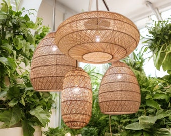 Woven Rattan Pendant Light | Asian Decor Woven String Overhead Light | Rattan Basket Chandelier | Modern Pendant Light