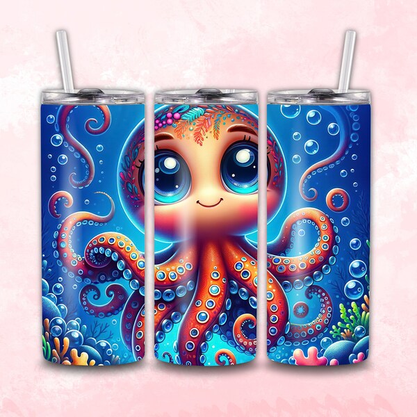 Cute Squid Octopus with Bubbles Tumbler Wrap Sublimation Design Digital Art Download Print Print PNG CU Commercial Use