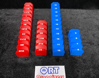 May include: A collection of red and blue organizers with measurements printed on them. The red organizers have fractional inch measurements, while the blue ones have numbered measurements. The logo "ORT Organizers" is at the bottom.