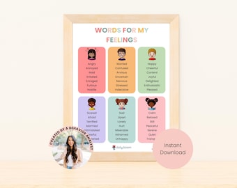 Poster Parole per i miei sentimenti, Poster Regolazione emotiva, Angolo della calma, Opera d'arte di autoregolamentazione, Decorazione Montessori, ABA stampabile