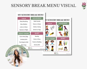 Sensory Break Menu, Sensory Activities for Kids + Sensory Diet Visual, Autism Regulation Printable, Behavior Analyst Designed