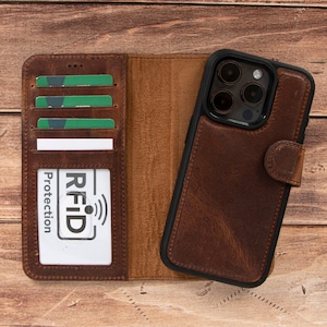 Brown iPhone 13 Pro Max Case Genuine Leather Magnetic Detachable Wallet Case Personalized iPhone 13 Pro iPhone 13 Pro Max Phone Case