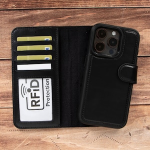 Funda de cuero genuino con tapa magnética desmontable para iPhone 14 Pro Max, color negro Funda personalizada para iPhone 14+, iPhone 14 Pro, Pro Max