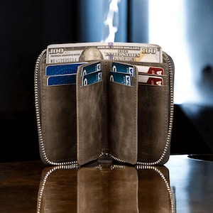 Portefeuille zippé en cuir gris de qualité supérieure