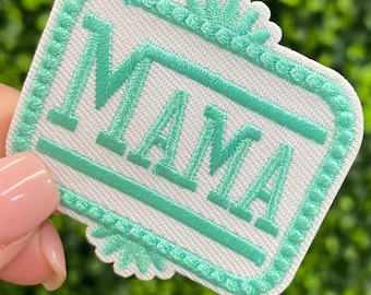 Green and White "Mama" Embroidered Patch