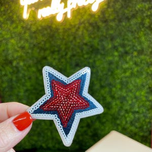 May include: A star-shaped patch with a red center, blue border, and white trim. The patch is held up against a green background. The star has a stitched design and is likely an applique or embellishment for clothing or accessories.