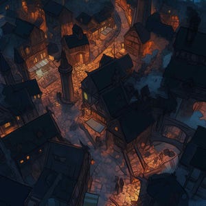 May include: An aerial view of a medieval town at night. Buildings with dark roofs and lit windows line cobblestone streets. Warm light emanates from windows and street lamps, creating a contrast with the cool, dark sky. The artwork has a stylized, illustrative quality.