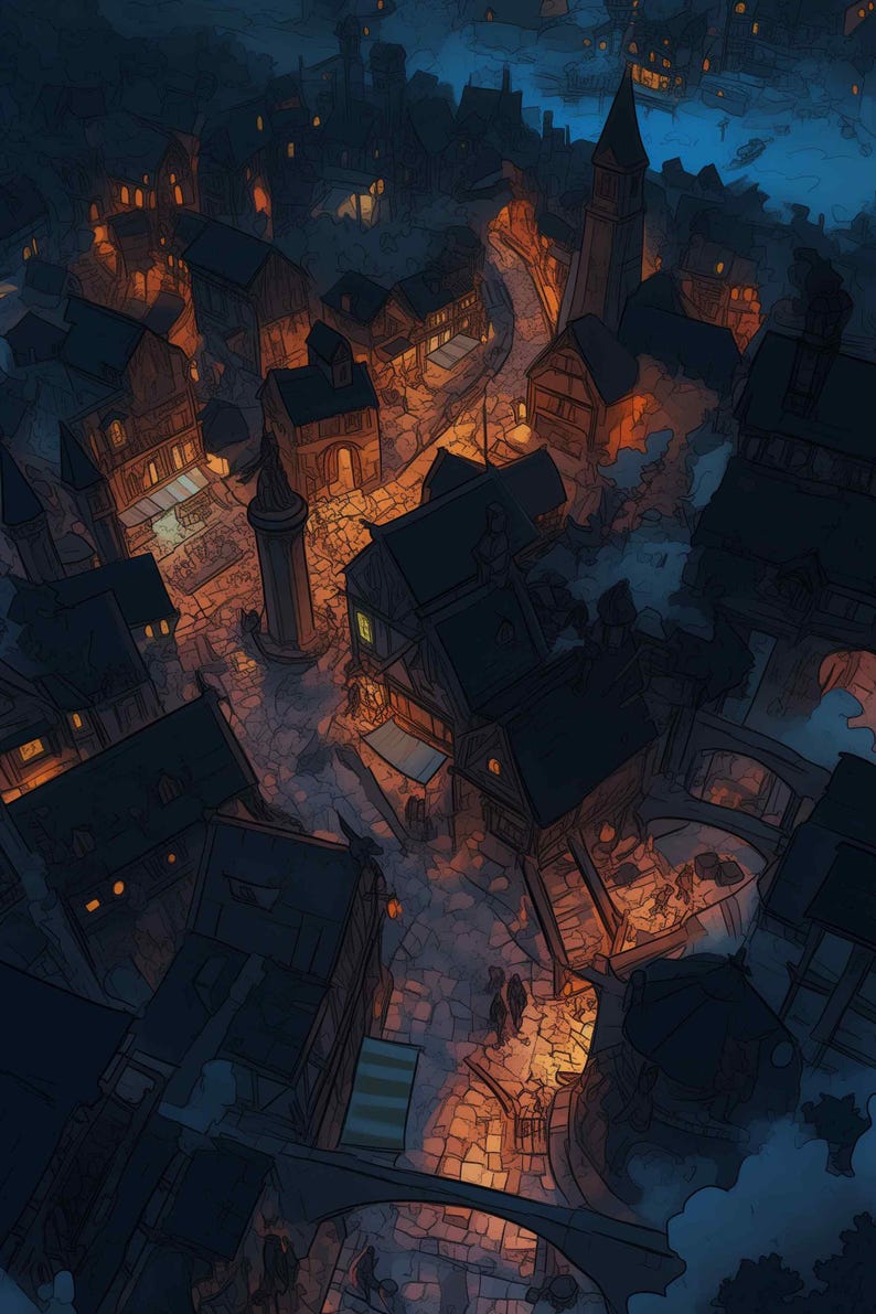 May include: An aerial view of a medieval town at night. Buildings with dark roofs and lit windows line cobblestone streets. Warm light emanates from windows and street lamps, creating a contrast with the cool, dark sky. The artwork has a stylized, illustrative quality.