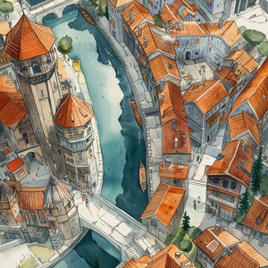 Puede incluir: Una pintura de acuarela que representa una vista a&eacute;rea de una ciudad ficticia con un r&iacute;o sinuoso, puentes y edificios con techos de tejas rojas. La ciudad est&aacute; rodeada de &aacute;rboles y vegetaci&oacute;n.