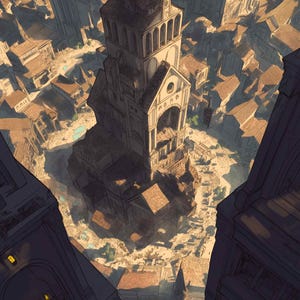 May include: An aerial view of a detailed architectural illustration of a city. The image features a tall, multi-story building with a complex design, surrounded by smaller buildings with brown rooftops. The overall color palette is warm, with shades of brown and beige.