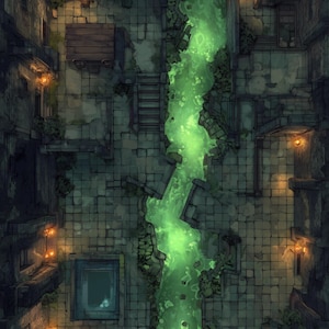 May include: A top-down digital map illustration of a dark stone alleyway featuring a glowing neon green river flowing through the center, stone stairs, architectural ruins, and warm orange lanterns. The text Patreon | Lost Trails is visible.