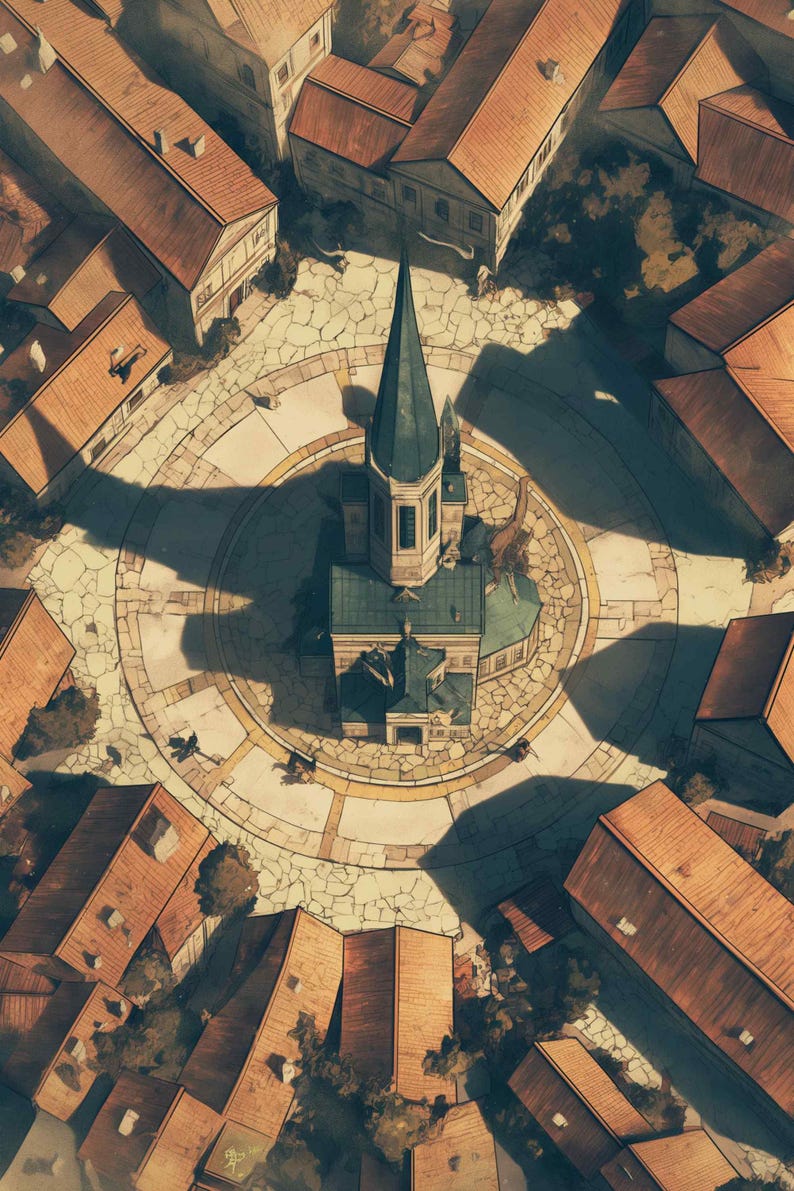 May include: An aerial view of a town square with a central church. The church has a tall, green steeple and is surrounded by buildings with brown roofs. The square is paved with light-colored stones, and the scene is bathed in warm sunlight.