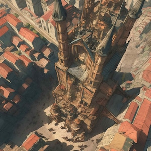 May include: An aerial view of a detailed architectural structure with multiple spires and towers. The building is a warm brown color with dark gray spires, surrounded by a cityscape of red-tiled roofs and buildings.