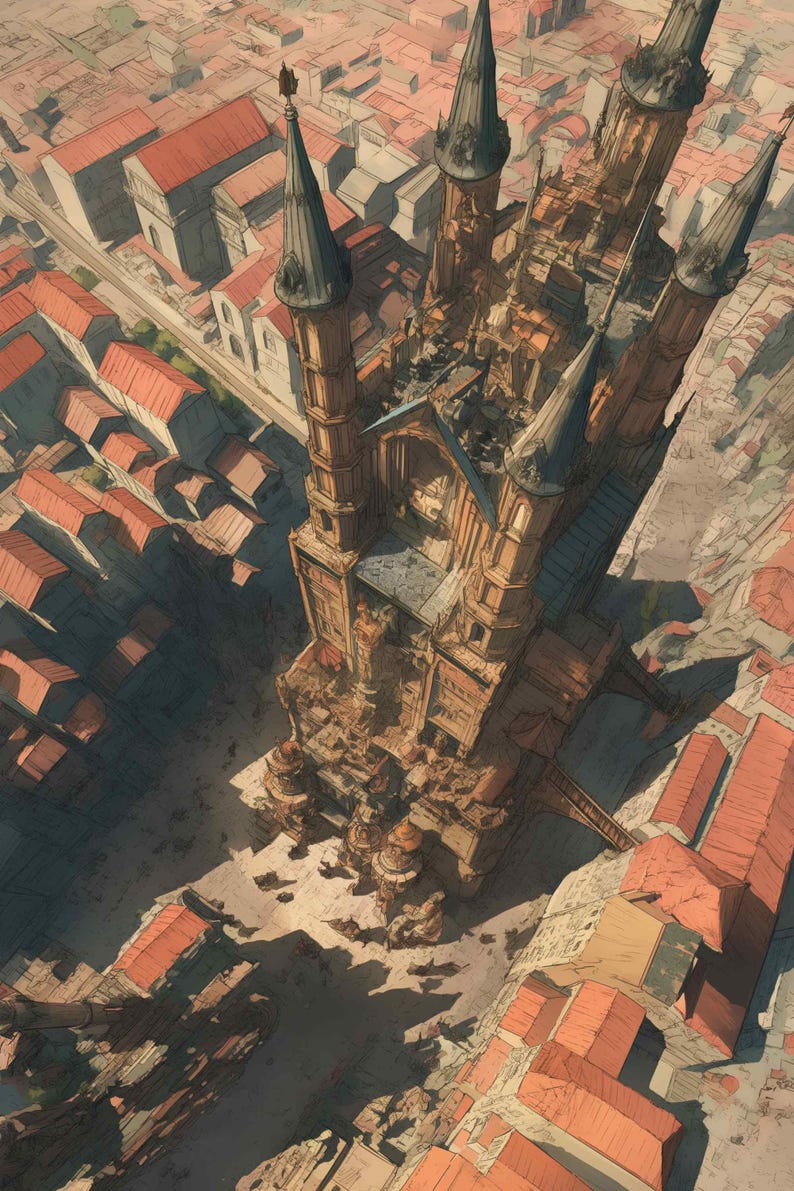 May include: An aerial view of a detailed architectural structure with multiple spires and towers. The building is a warm brown color with dark gray spires, surrounded by a cityscape of red-tiled roofs and buildings.