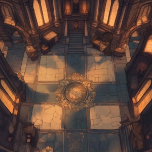 May include: An overhead view of a grand, ornate interior with stone walls and arched windows. The space is illuminated by warm, golden light, creating a dramatic contrast with the cool blue-gray floor tiles. A large, decorative emblem adorns the floor.