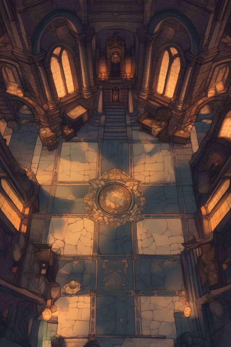 May include: An overhead view of a grand, ornate interior with stone walls and arched windows. The space is illuminated by warm, golden light, creating a dramatic contrast with the cool blue-gray floor tiles. A large, decorative emblem adorns the floor.