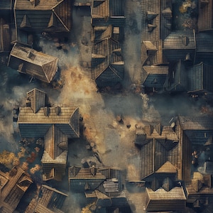 Puede incluir: Vista a&eacute;rea de un peque&ntilde;o pueblo con una calle adoquinada y varios edificios con techos marrones y grises. Los edificios est&aacute;n agrupados y hay mucho humo en el aire.