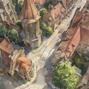 Puede incluir: Una pintura de acuarela que representa una vista a&eacute;rea de un peque&ntilde;o pueblo con una alta torre puntiaguda en el centro. El pueblo est&aacute; rodeado de &aacute;rboles y tiene calles adoquinadas.