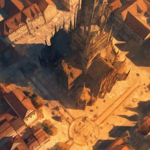 May include: An aerial view of a European town with a large cathedral. The buildings have red tile roofs and are surrounded by cobblestone streets. The image is rendered in a warm, sepia tone, suggesting an old-world aesthetic.